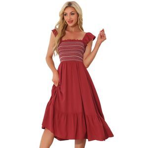 Boho Midi Dress Square Neck Ruffle Tiered Flowy Smocked Sundress Burgundy